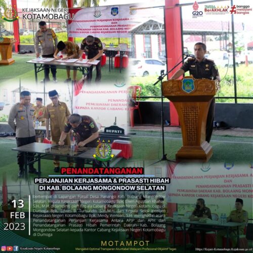 PENANDATANGANAN PERJANJIAN KERJASAMA DAN PRASASTI HIBAH DI KAB.BOLAANG MONGONDOW SELATAN